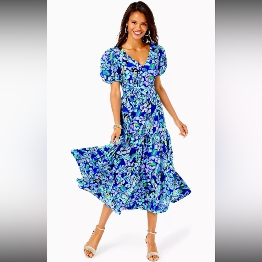 LILLY PULITZER 6 Blue Tiered midi dress Grace in Blue Grotto Twilight Tr…